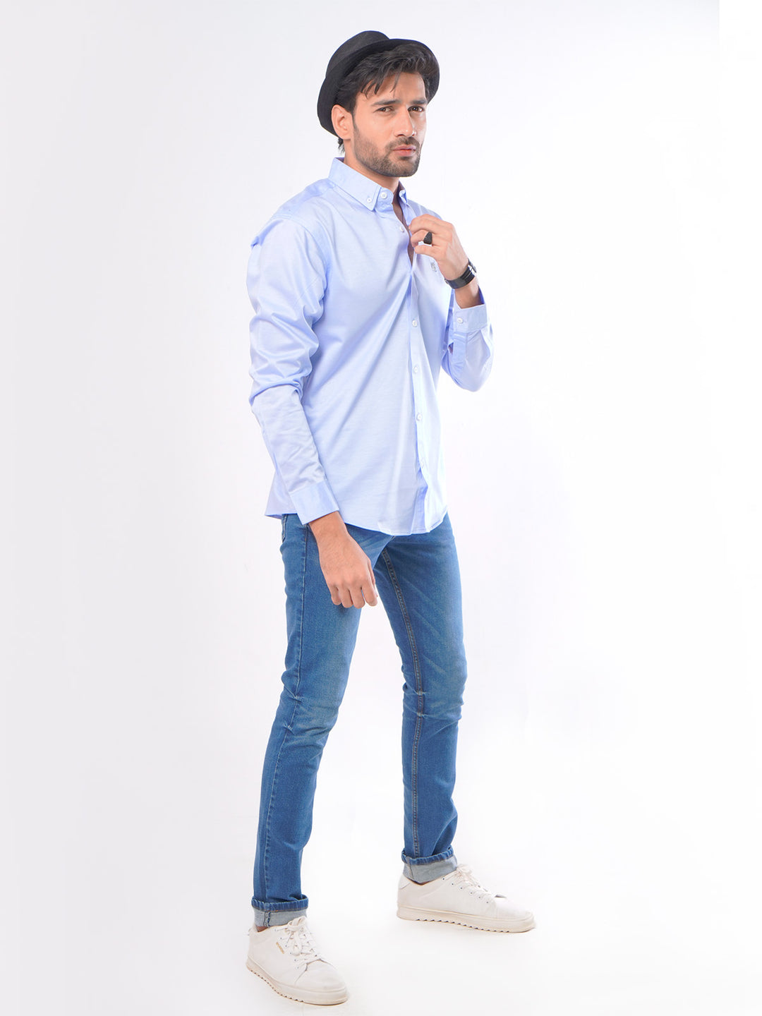 Light Blue Self Button Down Knitted Casual Shirt (CSK-071)