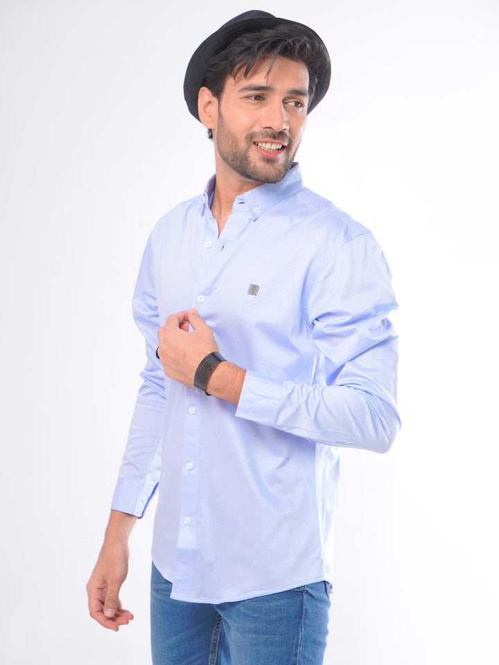 Light Blue Self Button Down Knitted Casual Shirt (CSK-071)