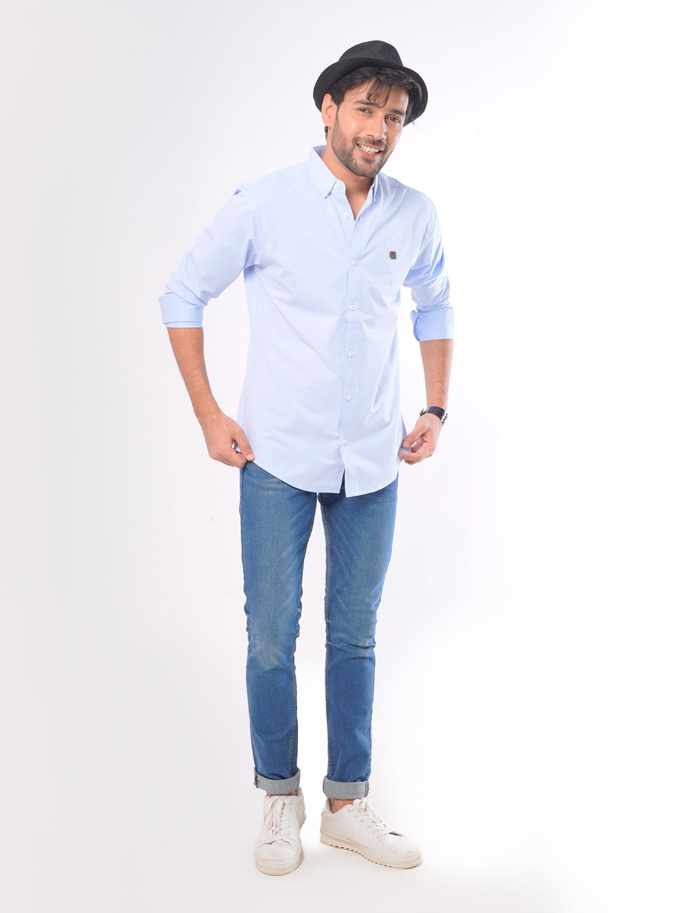 Light Blue Self Button Down Knitted Casual Shirt (CSK-074)