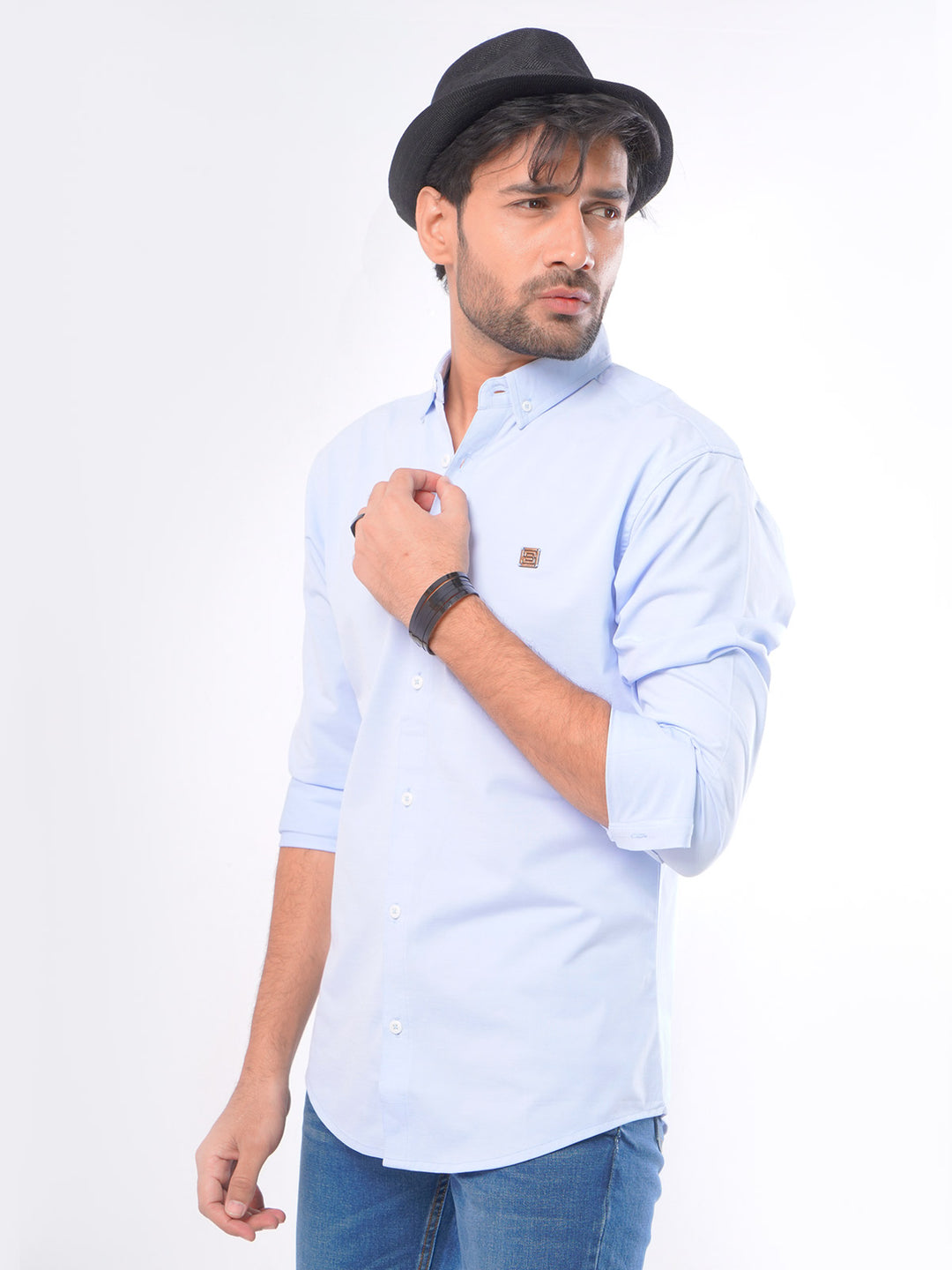 Light Blue Self Button Down Knitted Casual Shirt (CSK-074)