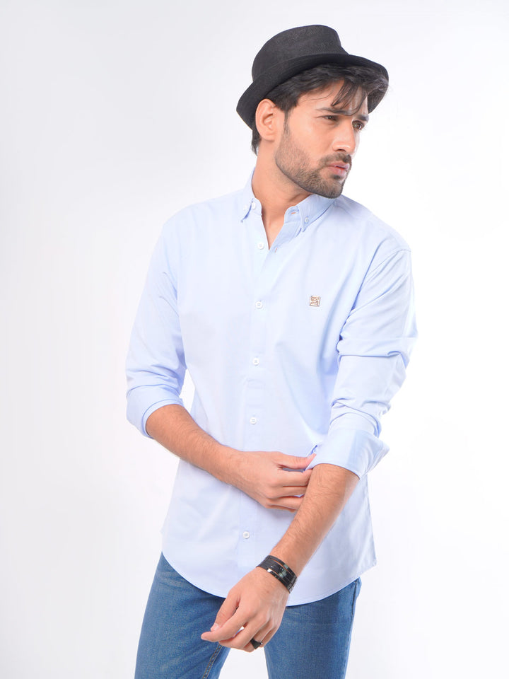 Light Blue Self Button Down Knitted Casual Shirt (CSK-074)