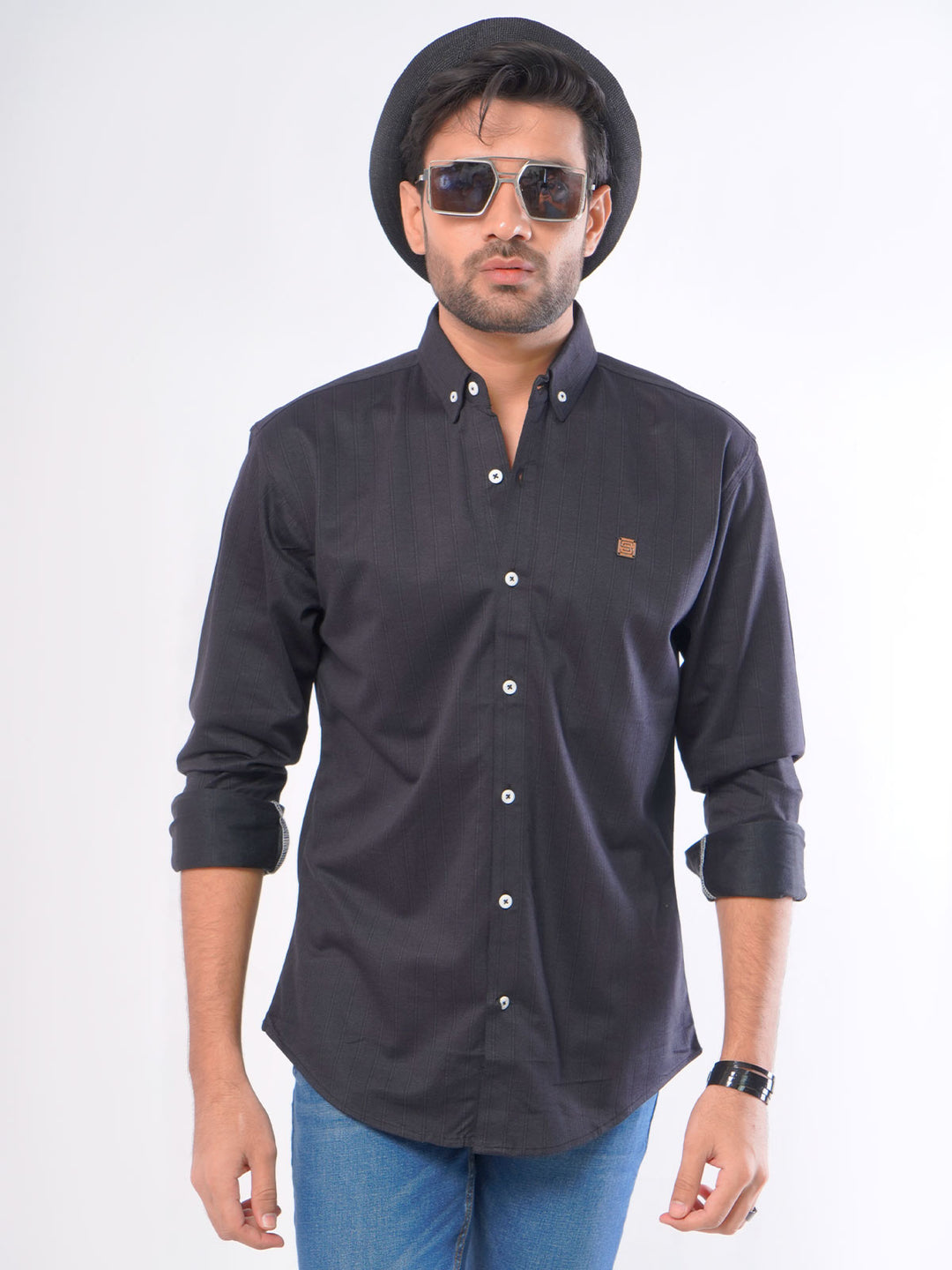 Black Self Striped Button Down Knitted Casual Shirt (CSK-093)