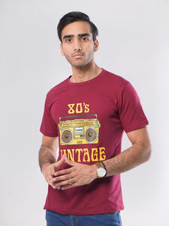 80's Vintage Half Sleeves Men’s Maroon Self Graphics T-Shirt (GT-45)