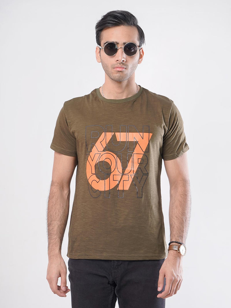 Run Your City Half Sleeves Men’s Brown Self Graphics T-Shirt (GT-47)