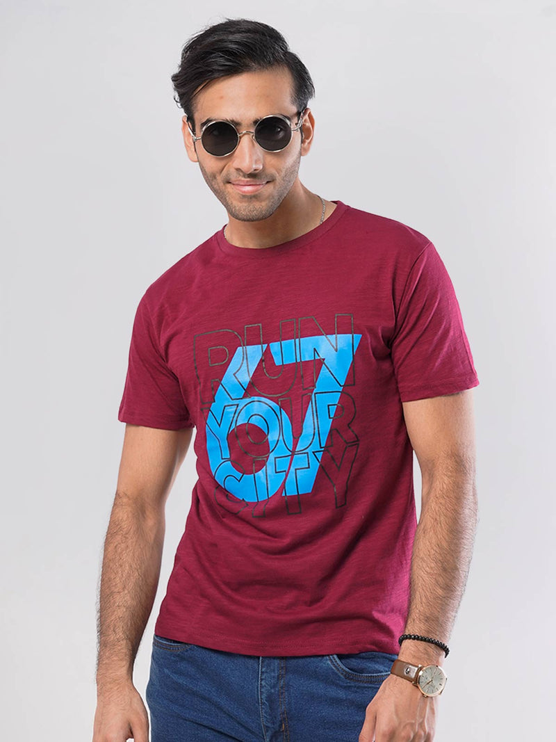 Run Your City Half Sleeves Men’s Maroon Self Graphics T-Shirt (GT-50)