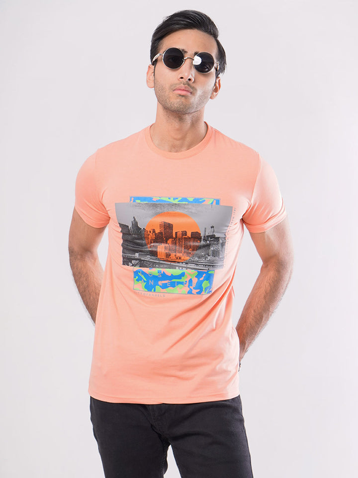 Los Angeles Half Sleeves Men’s Peach Graphics T-Shirt (GT-57)