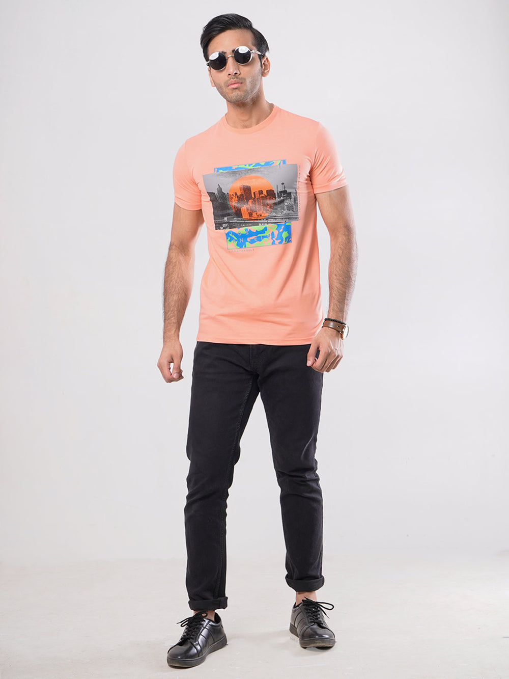 Los Angeles Half Sleeves Men’s Peach Graphics T-Shirt (GT-57)