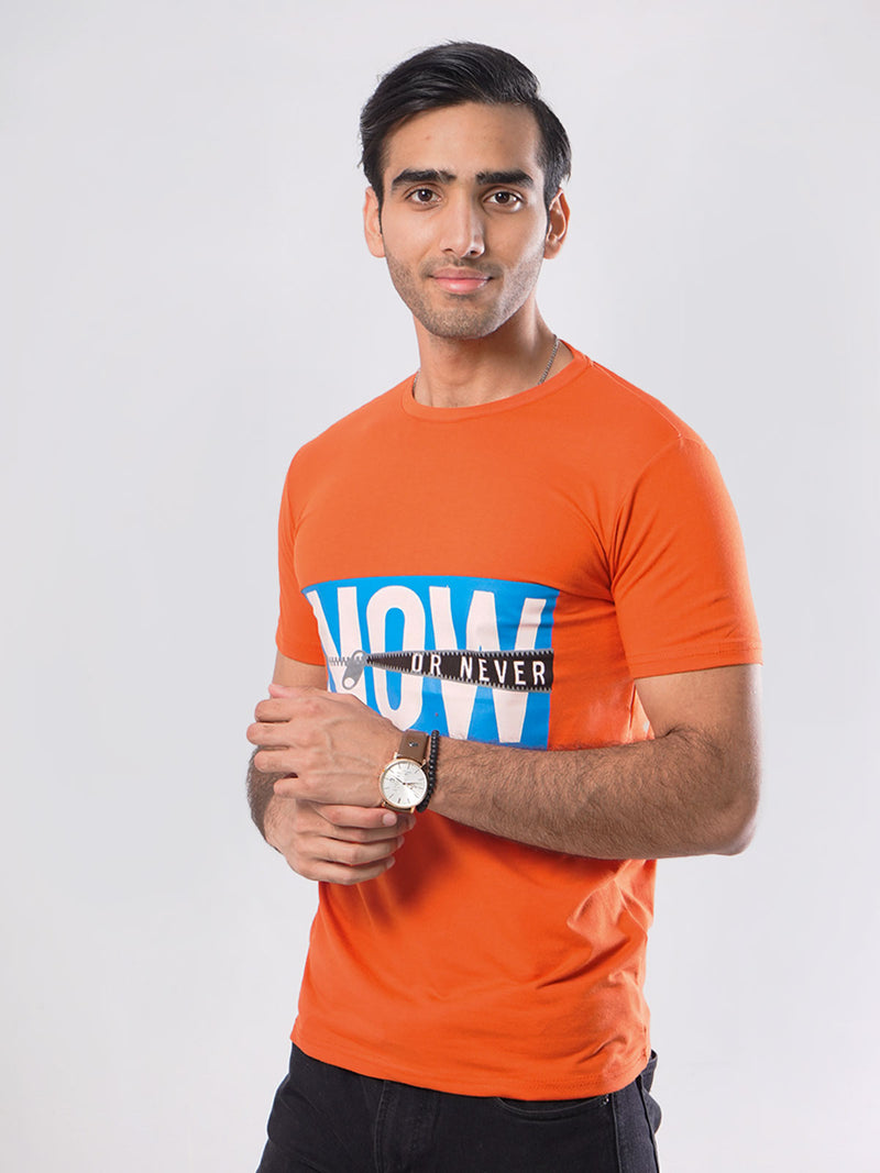 Now Or Never Half Sleeves Men’s Orange Graphics T-Shirt (GT-60)