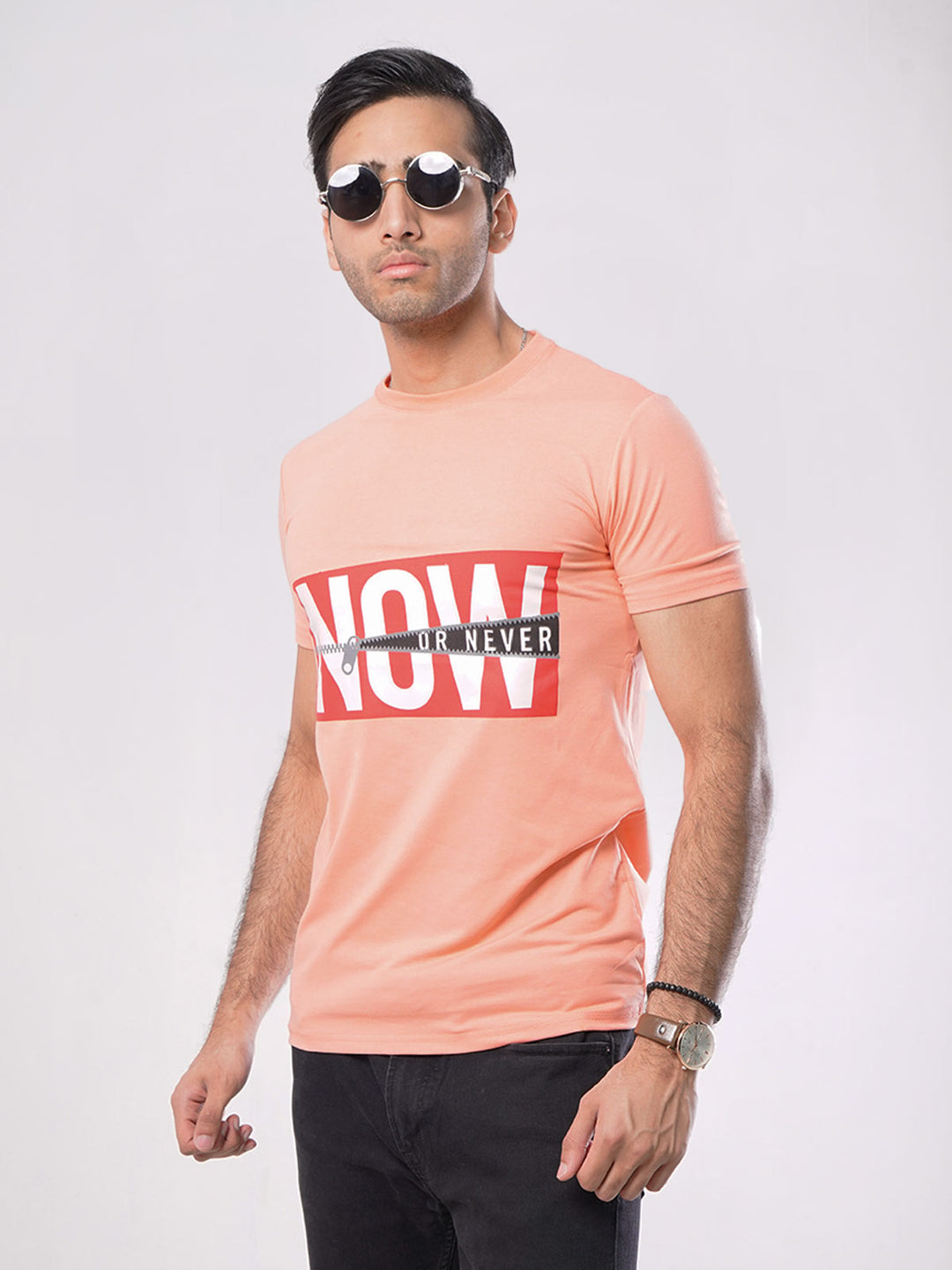 Now Or Never Half Sleeves Men’s Peach Graphics T-Shirt (GT-61)