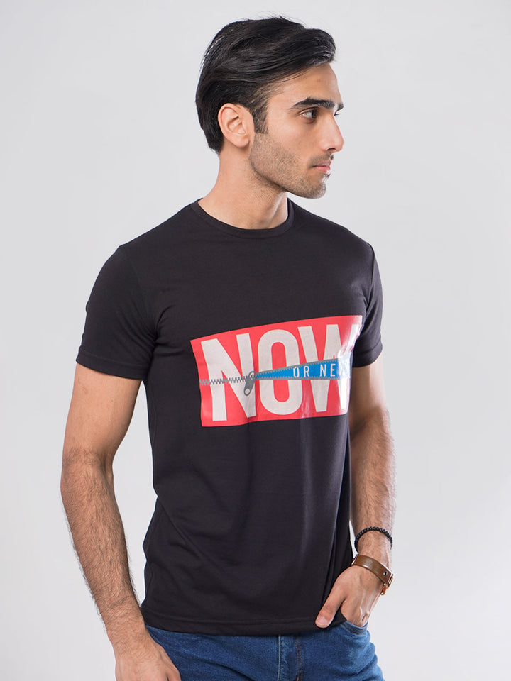 Now Or Never Half Sleeves Men’s Black Graphics T-Shirt (GT-62)