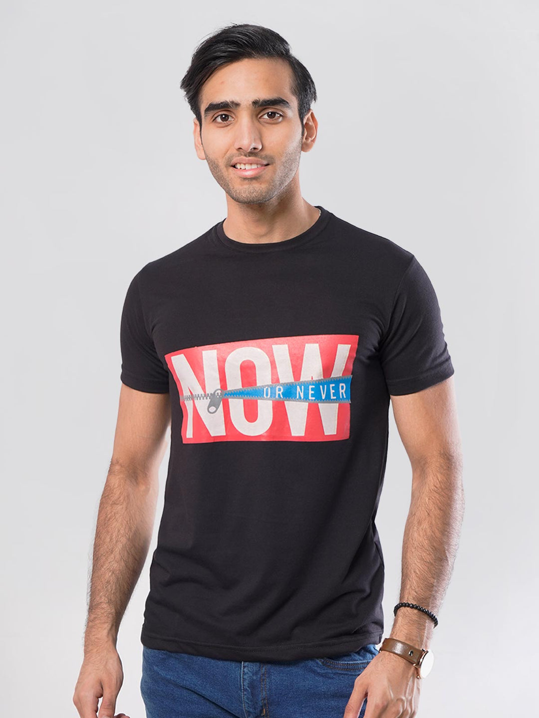 Now Or Never Half Sleeves Men’s Black Graphics T-Shirt (GT-62)