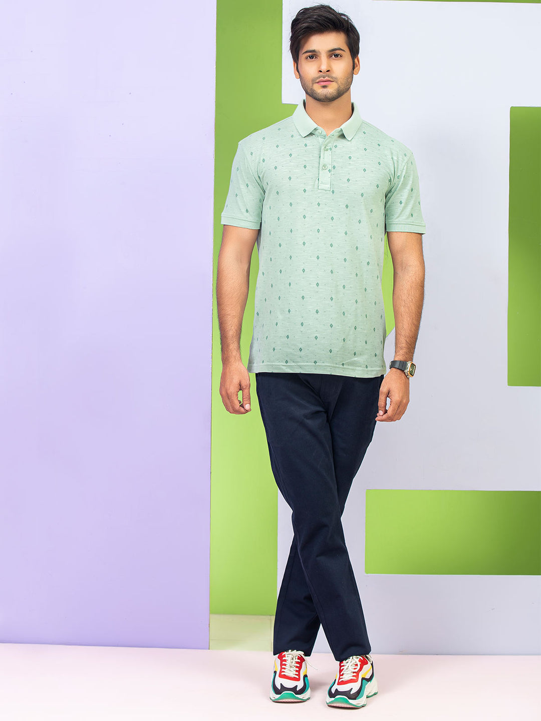 Light Green Printed Half Sleeves Polo T-Shirt (POLO-264)