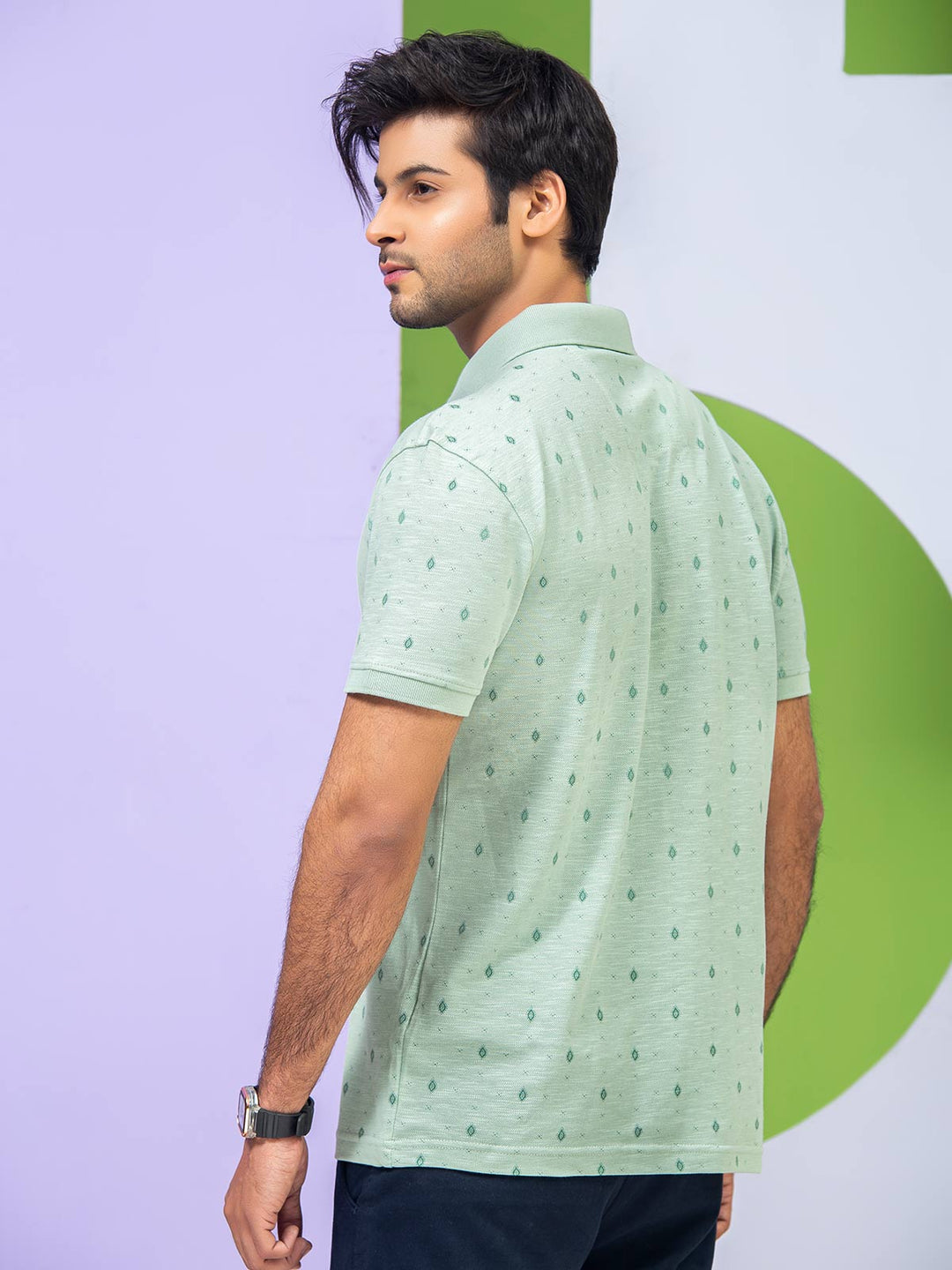 Light Green Printed Half Sleeves Polo T-Shirt (POLO-264)