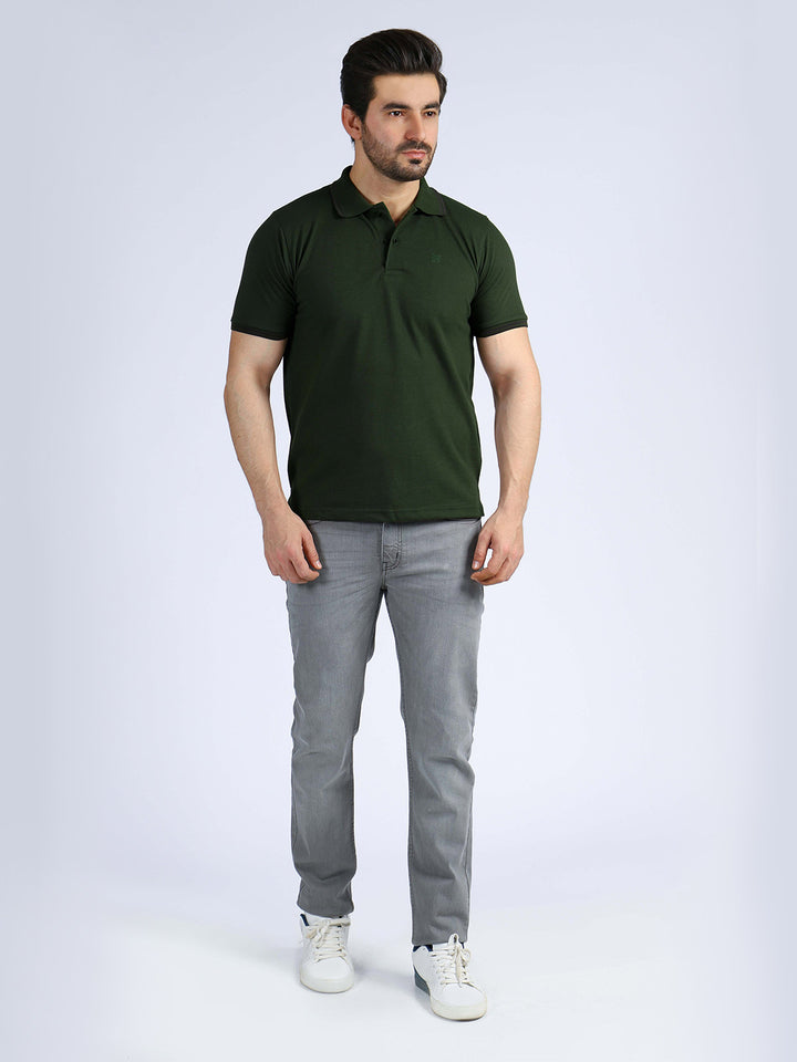 Dark Green Plain Contrast Tipping Half Sleeves Polo T-Shirt (POLO-384)