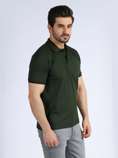 Dark Green Plain Contrast Tipping Half Sleeves Polo T-Shirt (POLO-384)