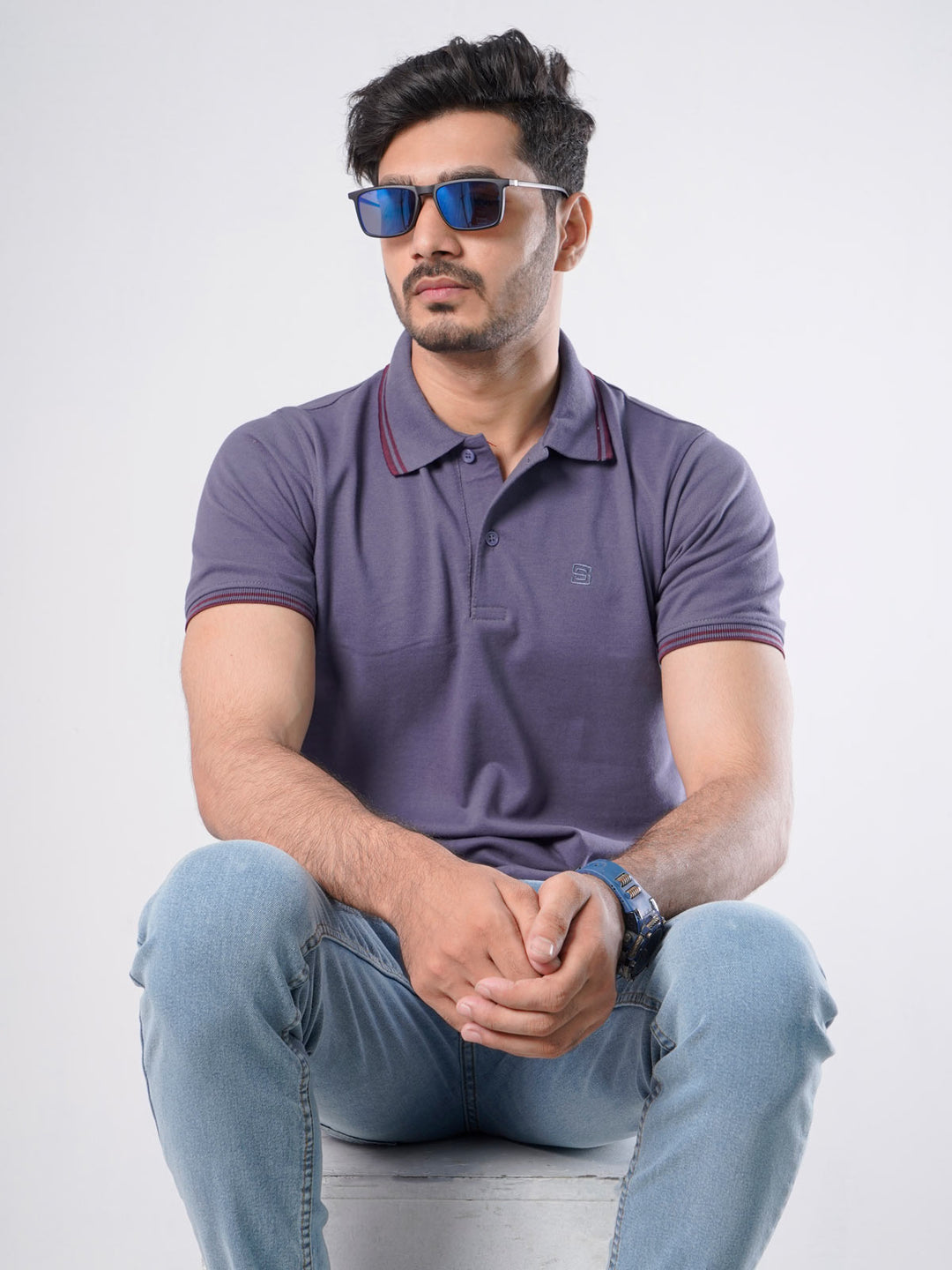 Blue Plain Half Sleeves Polo T-Shirt (POLO-407)