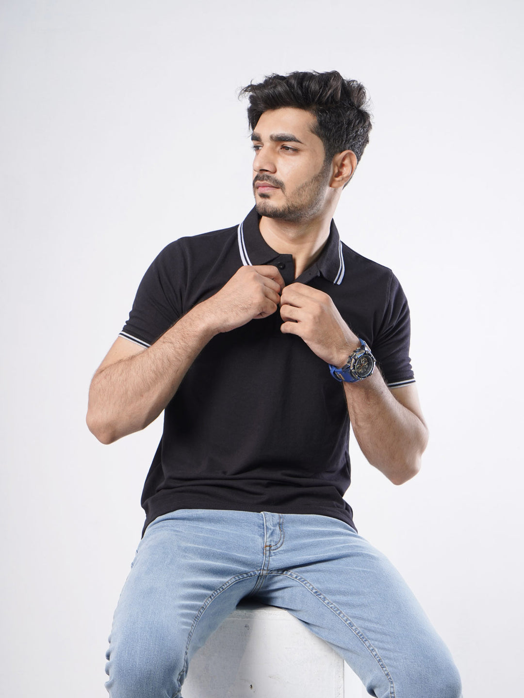 Black Plain Half Sleeves Polo T-Shirt (POLO-408)