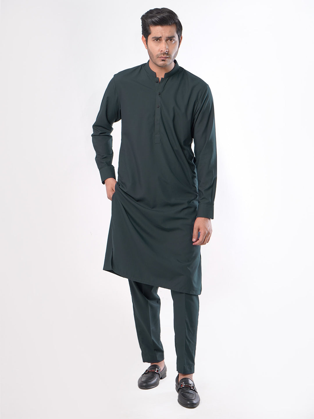 Dark Green Plain Exclusive Range Ban Collar Designer Kurta Pyjama (SK-375)