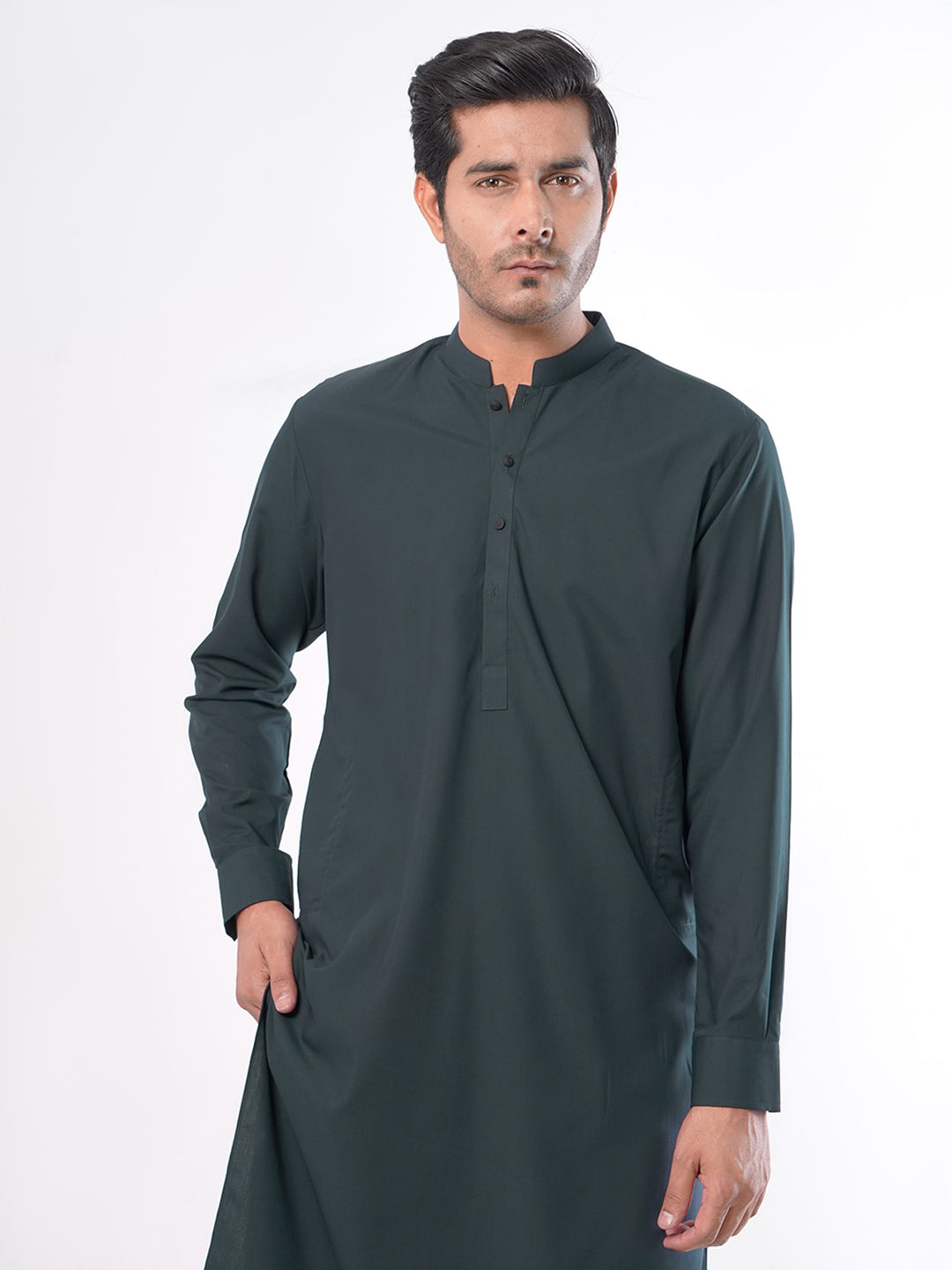 Dark Green Plain Exclusive Range Ban Collar Designer Kurta Pyjama (SK-375)