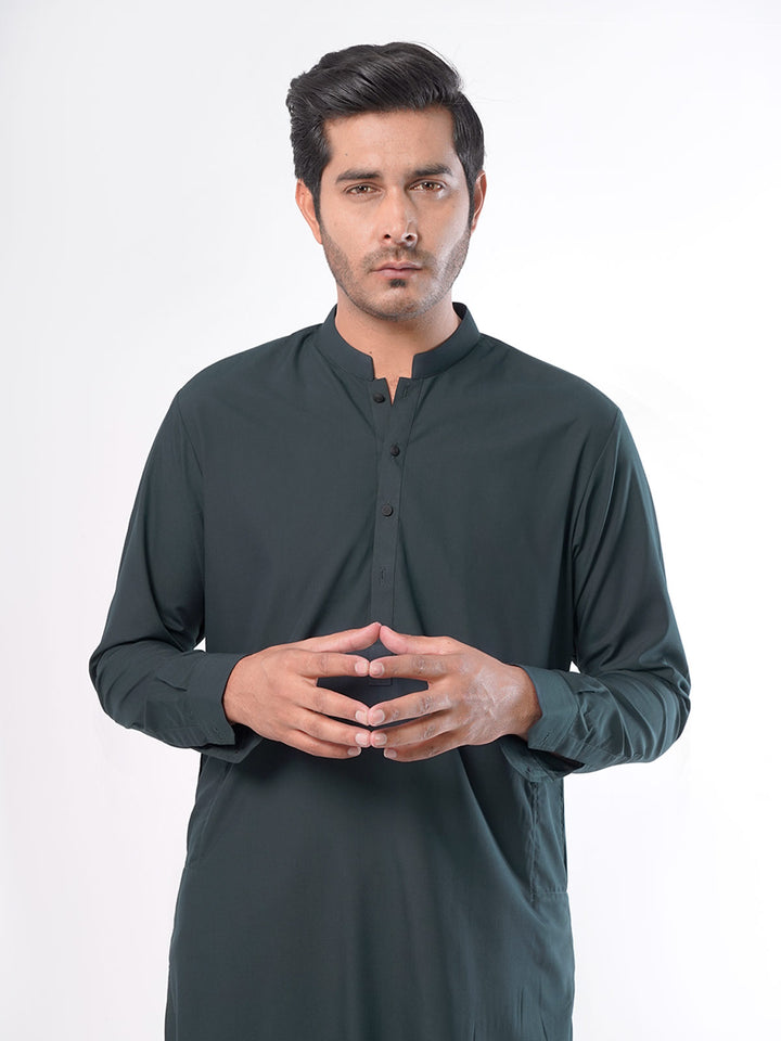 Dark Green Plain Exclusive Range Ban Collar Designer Kurta Pyjama (SK-375)