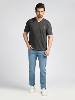 Charcoal Grey Half Sleeves V-Neck T-Shirt (TEE-29)