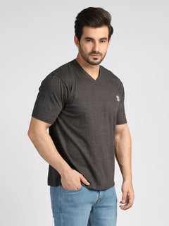 Charcoal Grey Half Sleeves V-Neck T-Shirt (TEE-29)