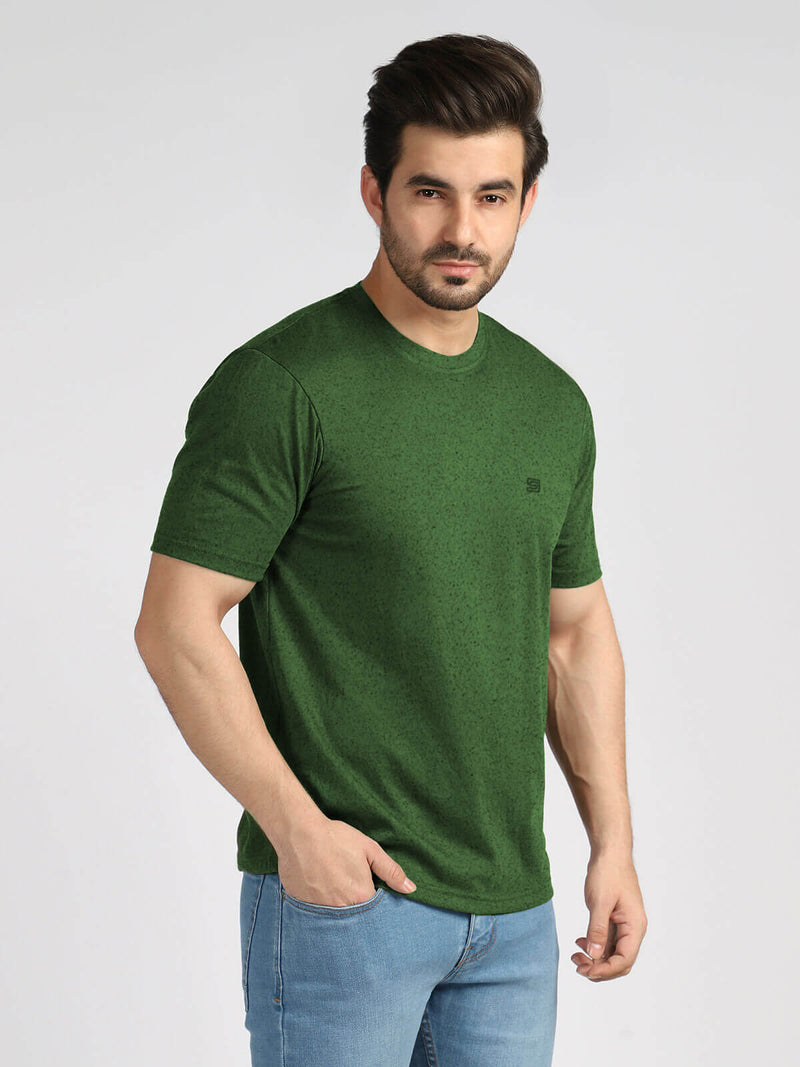 Olive Green Textured Half Sleeves Round Neck T-Shirt (TEE-34)