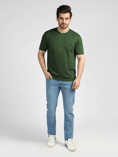 Olive Green Textured Half Sleeves Round Neck T-Shirt (TEE-34)