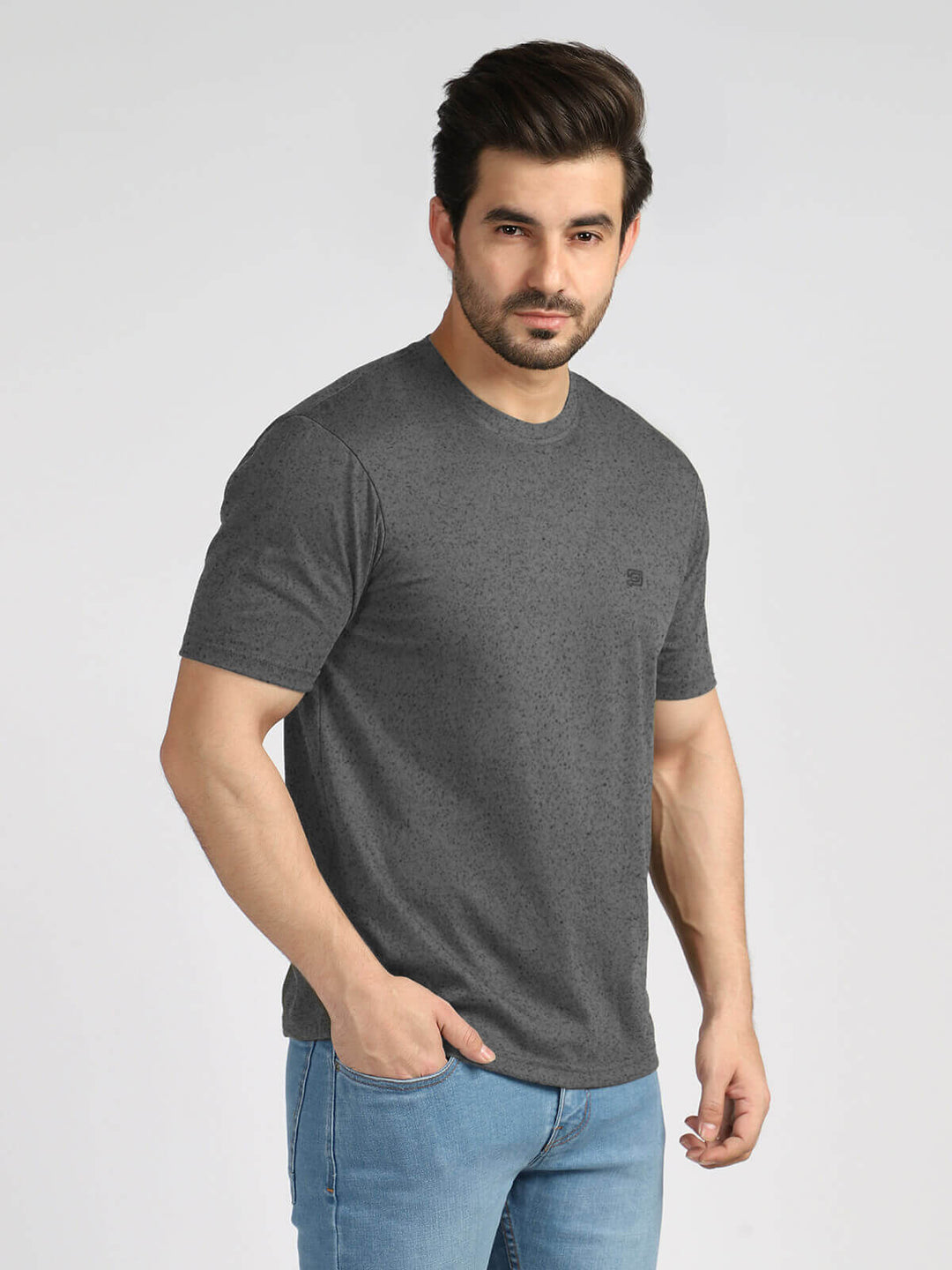 Ash Grey Textured Half Sleeves Round Neck T-Shirt (TEE-35)