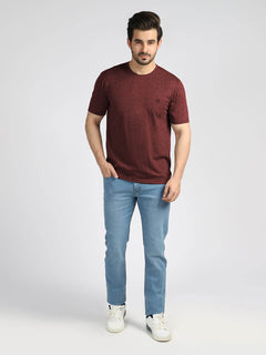 Maroon Textured Half Sleeves Round Neck T-Shirt (TEE-36)