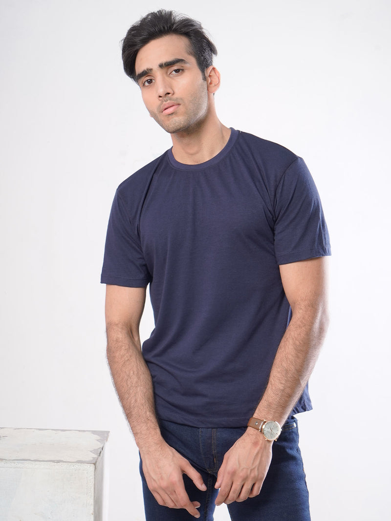 Navy Blue Plain Half Sleeves Men’s Round Neck T-Shirt (TEE-62)