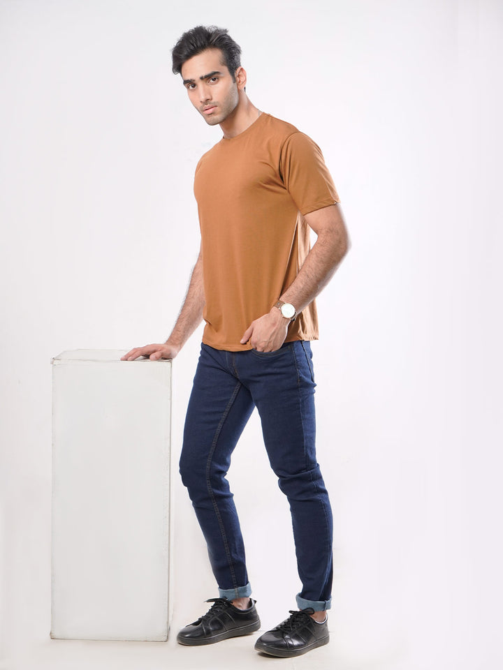 Mustard Plain Half Sleeves Men’s Round Neck T-Shirt (TEE-63)