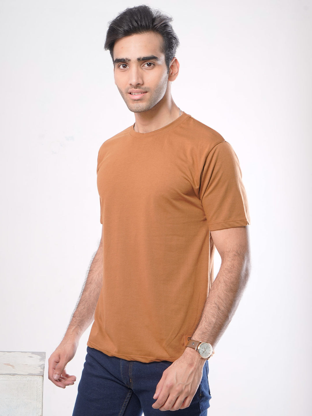 Mustard Plain Half Sleeves Men’s Round Neck T-Shirt (TEE-63)