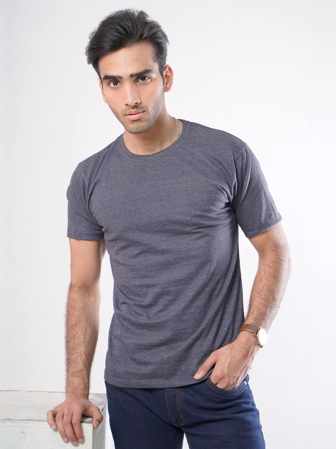 Dark Grey Plain Half Sleeves Men’s Round Neck T-Shirt (TEE-64)