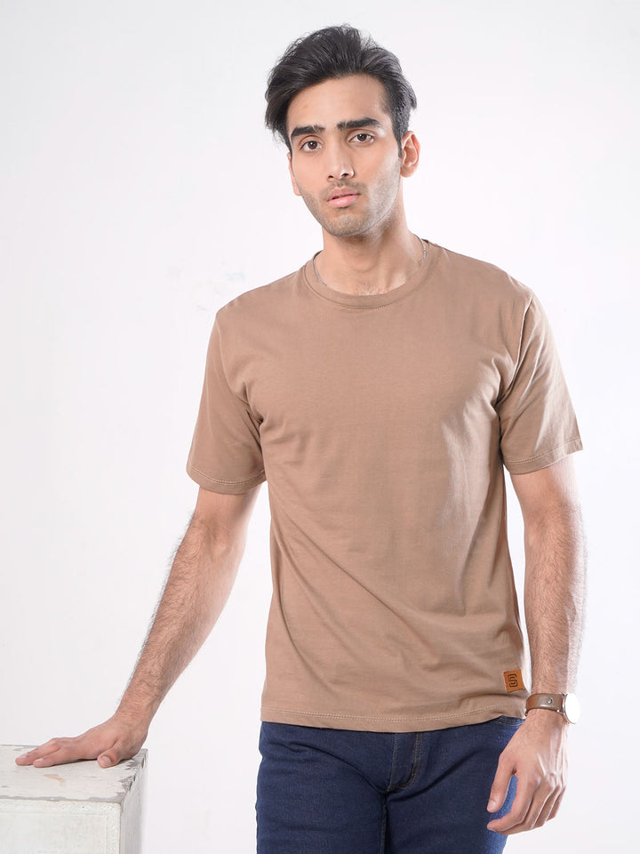 Light Brown Plain Half Sleeves Men’s Round Neck T-Shirt (TEE-66)